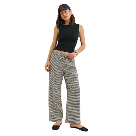 Reformation Olina Linen Pant Women Size L Blue Gingham Drawstring Elastic Waist - Picture 1 of 9